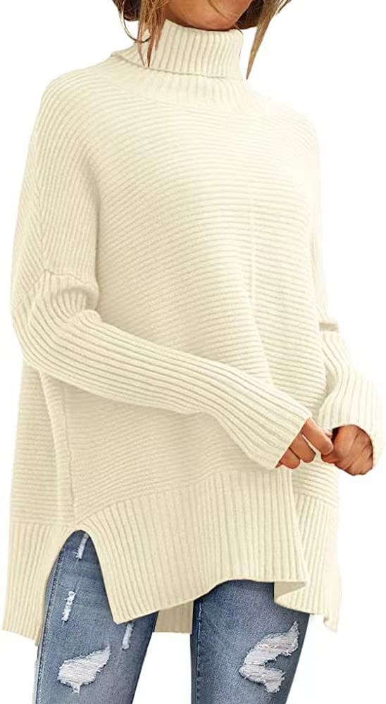 Dame Stor Turtleneck Skipjorte med Fin Ribbet Struktur og Asymmetrisk Snit Stilla