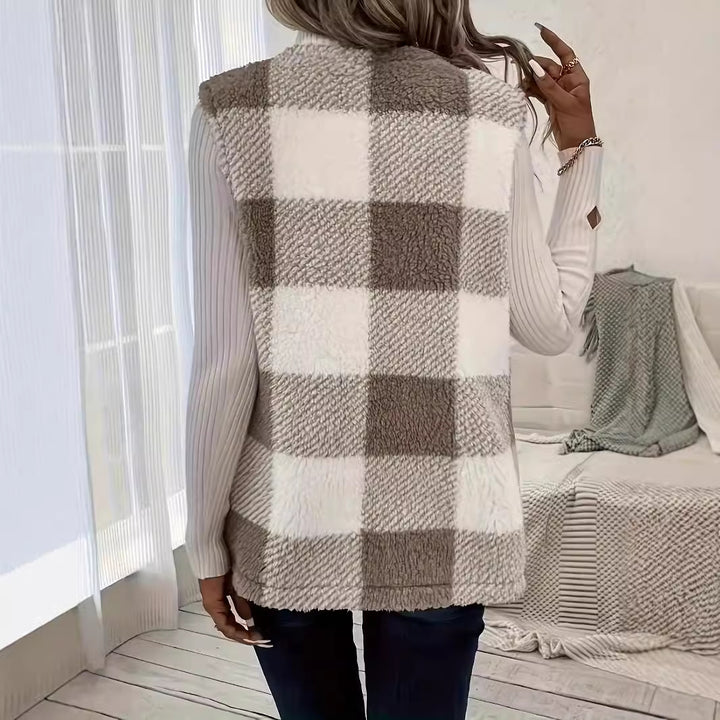 Dame Fuzzy Vest med ternet mønster og lommer Stilla