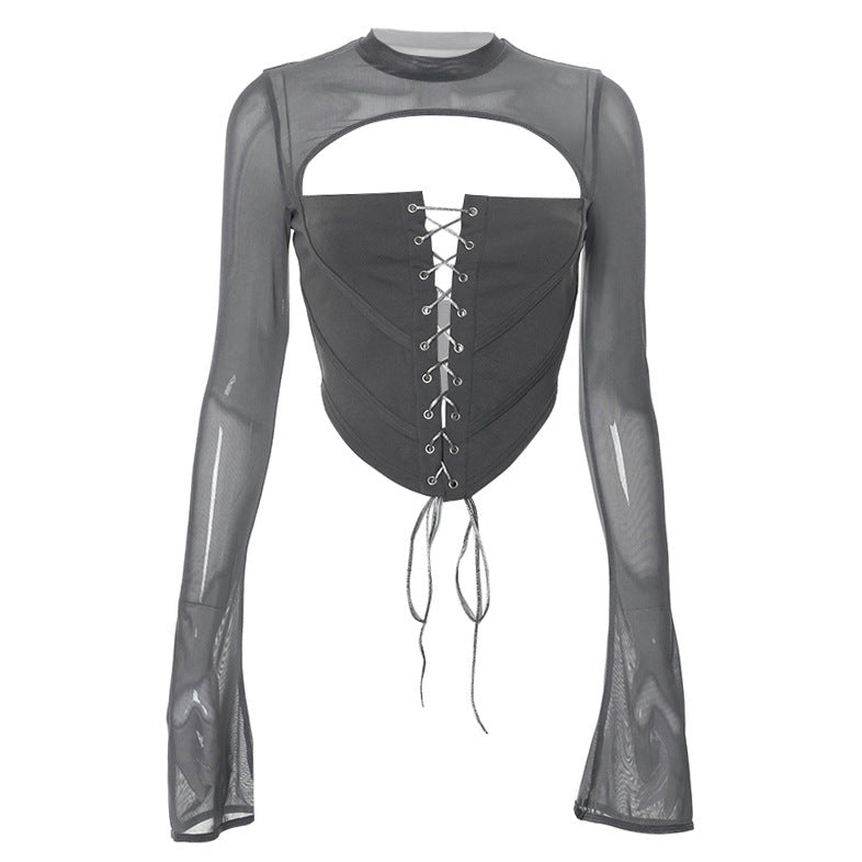 Dame designermode top med snørehulsdetalje og transparente ærmer Stilla