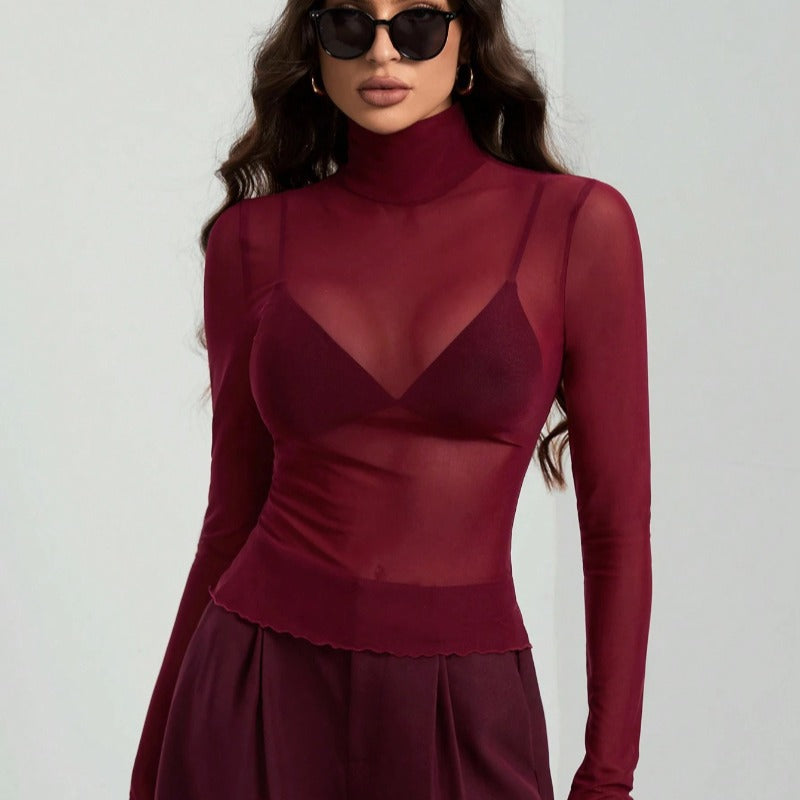 Dame Elegant langærmet transparent top med høj krave Skovae