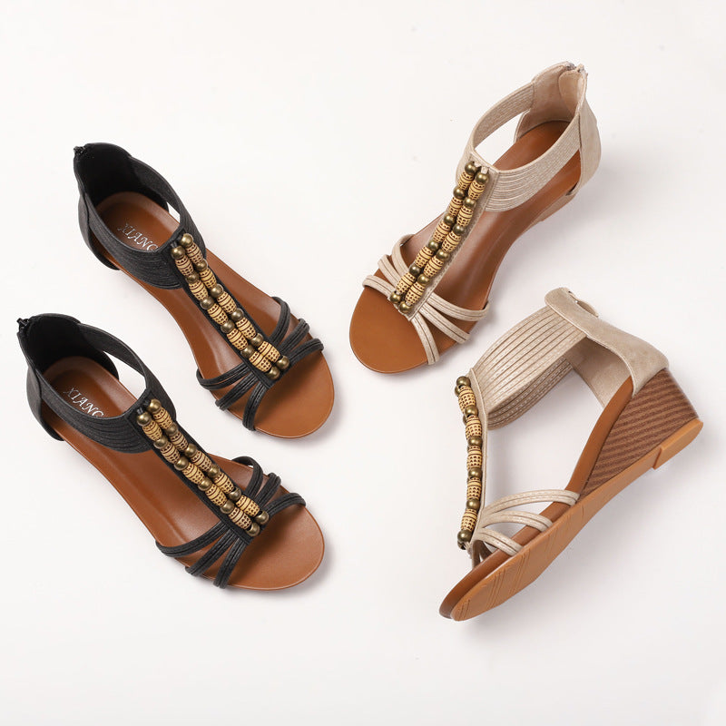 Dame Wedge-sandaler med dekorative træperler og elastiske remme Stilla