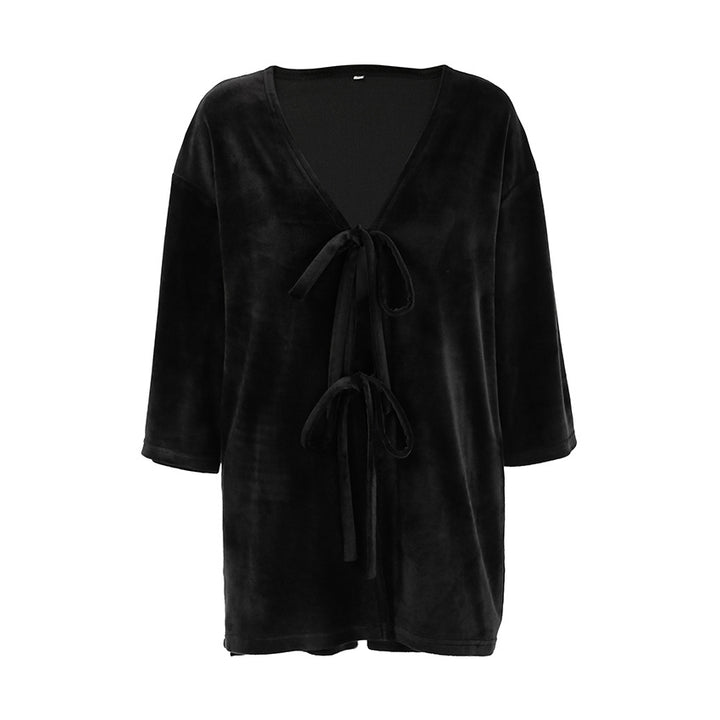 Dame luksuriøst velour loungewear sæt med bindekrave og dyb v-udskæring Stilla