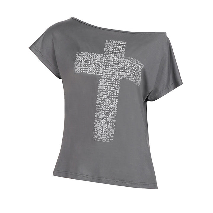 Damen Off-Shoulder Shirt mit Kreuzmotiv Skovae