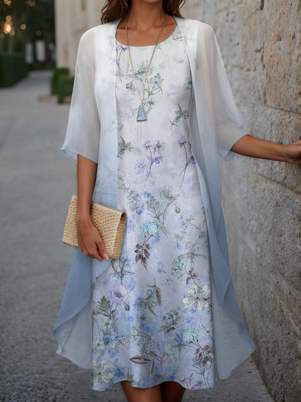 Dame elegant maxikjole med gennemsigtig chiffonoverdel og blomsterprint Stilla