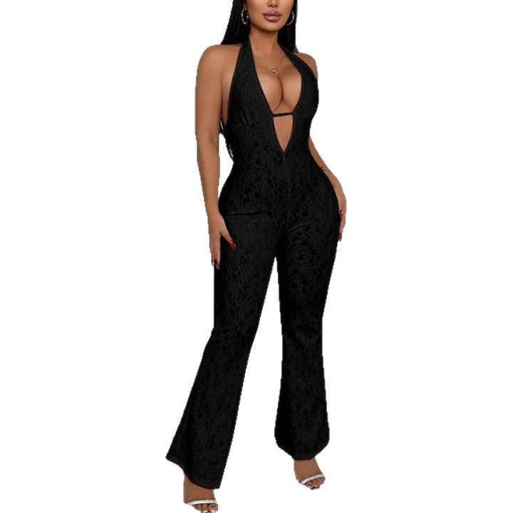 Dame elegant jumpsuit med dyb V-udskæring og spidsedetaljer Skovae