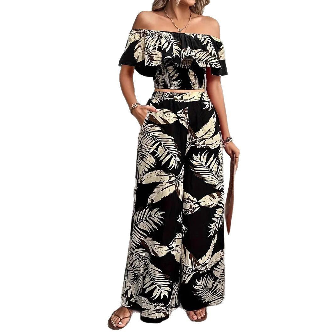 Dame To-delt Sommer-outfit med off-shoulder top og bred buksebund Stilla