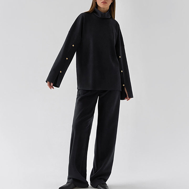 Dame Oversized Sweatshirt og bredbukser sæt med elegante knapdetaljer Stilla