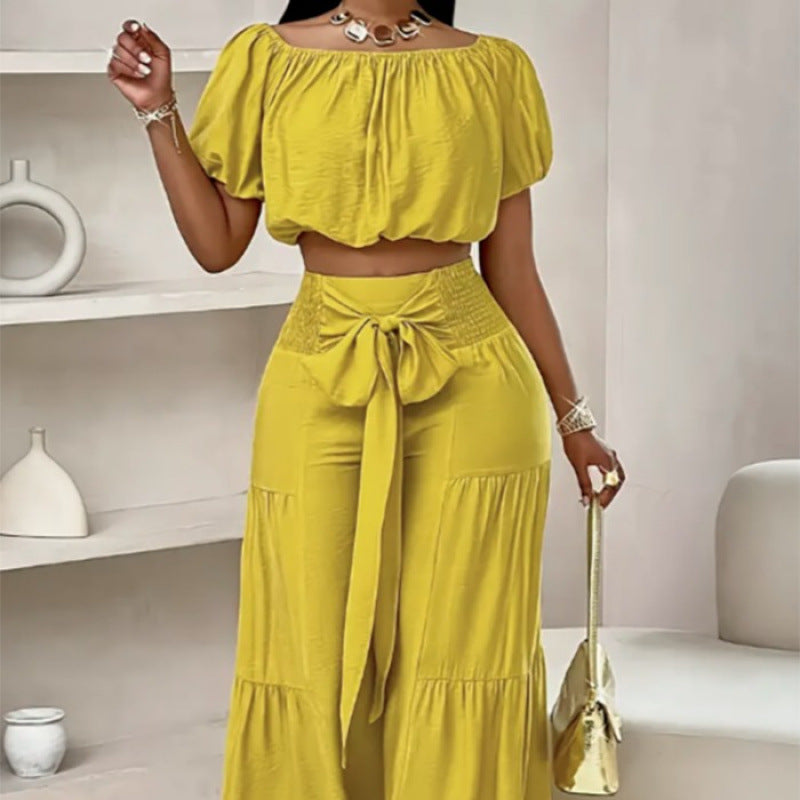 Dame stilfuld off-shoulder crop top og bred bukser sæt Stilla