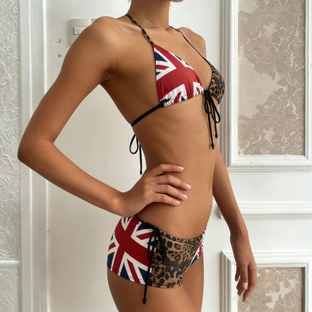 Dame bikiniset med leopardmønster og Union Jack accenter skovae