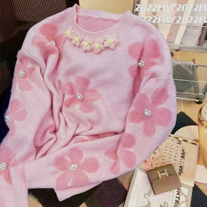 Dames striktrøje med blomstermotiv og perleudsmykninger Stilla