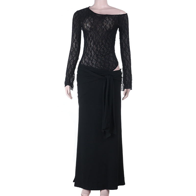 Dame elegant spids bodystocking med smart lang nederdel Skovae