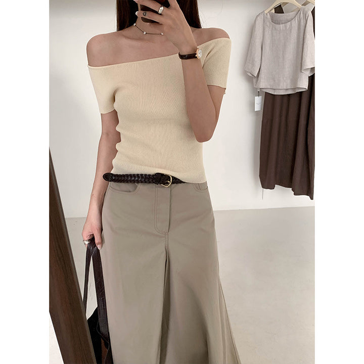 Dame Off-Shoulder Strikoberteil med fin ribstruktur Stilla