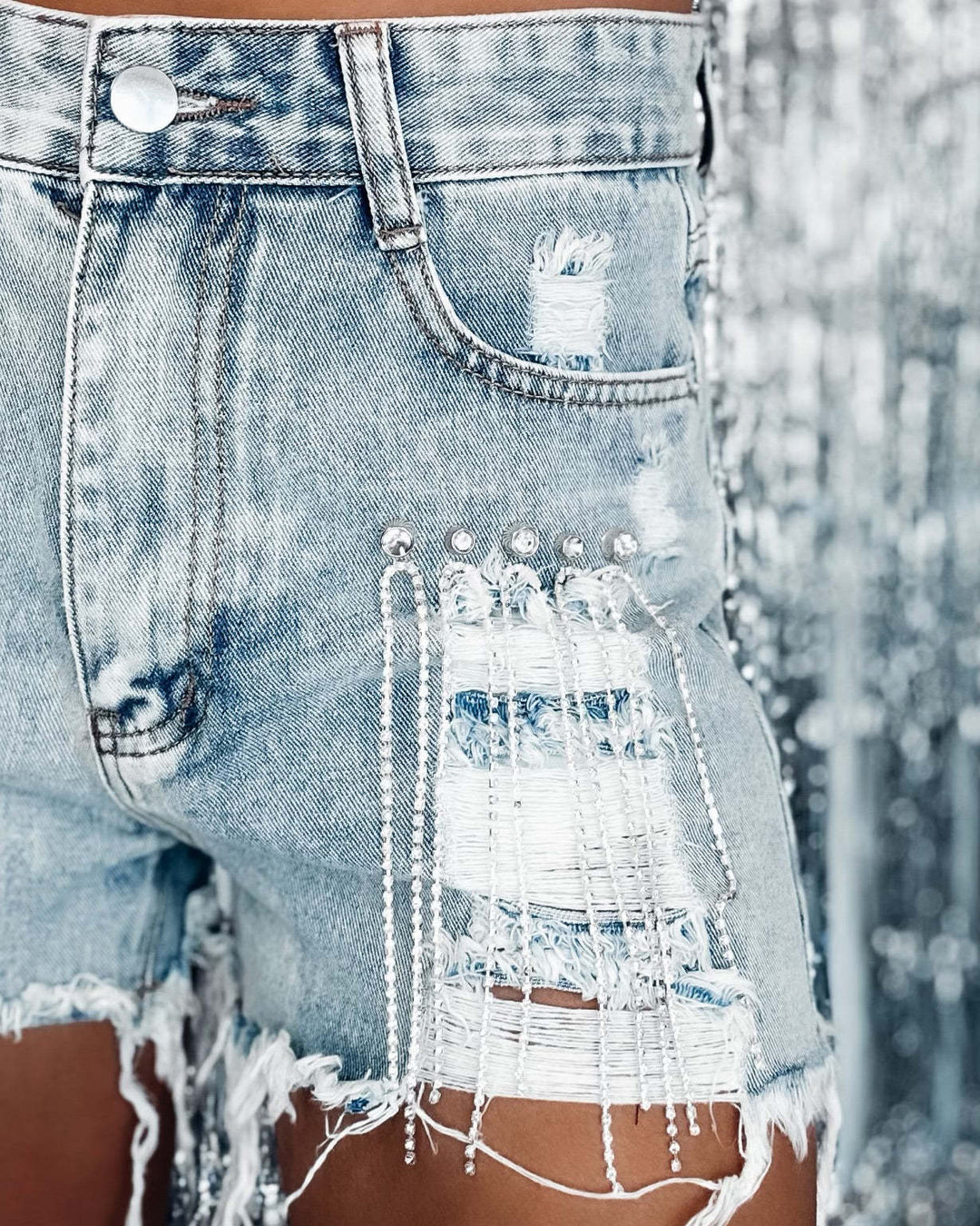 Dame Ødelagte Denim-Shorts med glitrende pynt Stilla