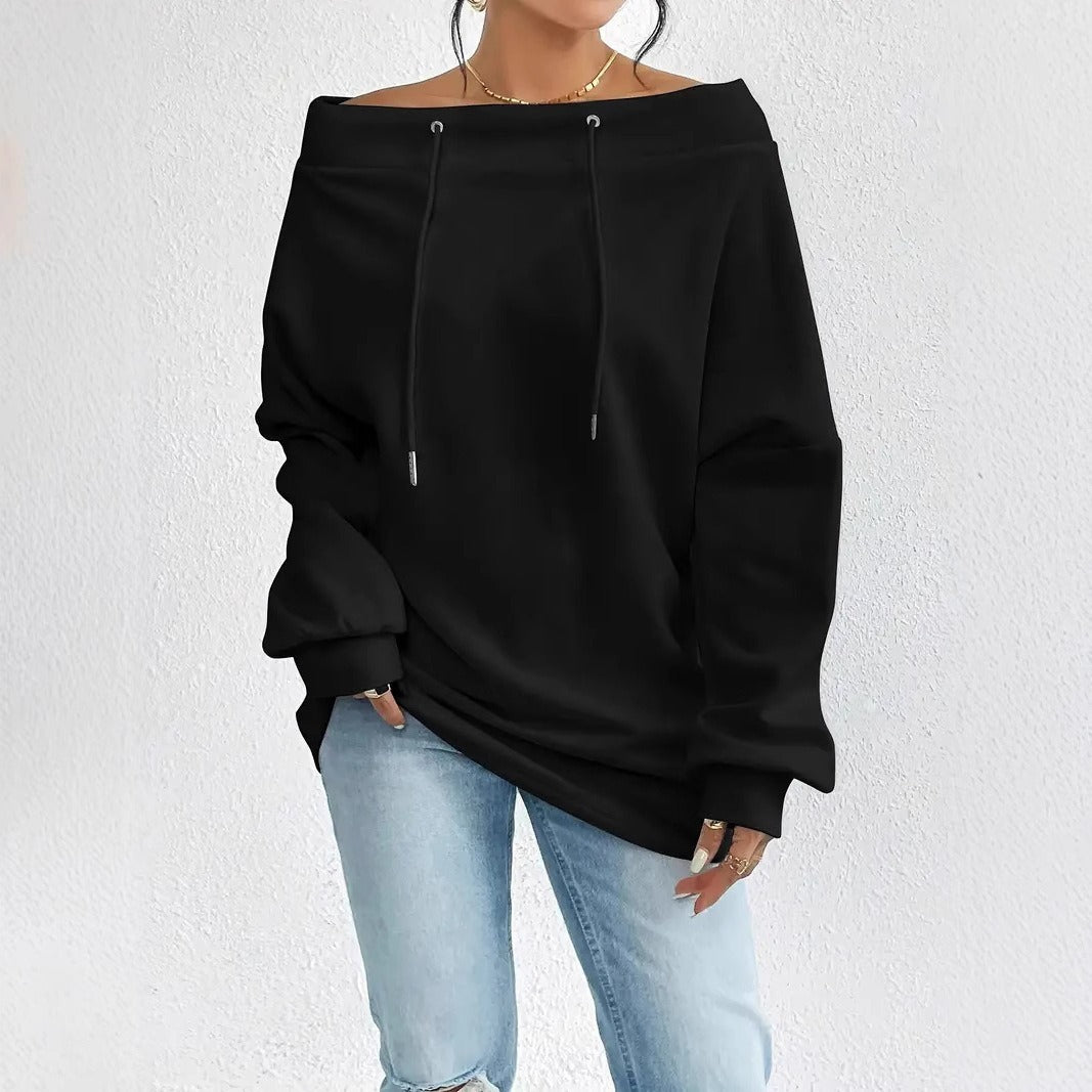 Kvinders afslappede oversized pullover med åben krave og praktiske snore