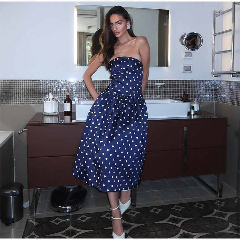 Dame elegant Midikjole med Polka-Dot mønster og taljebælte Stilla