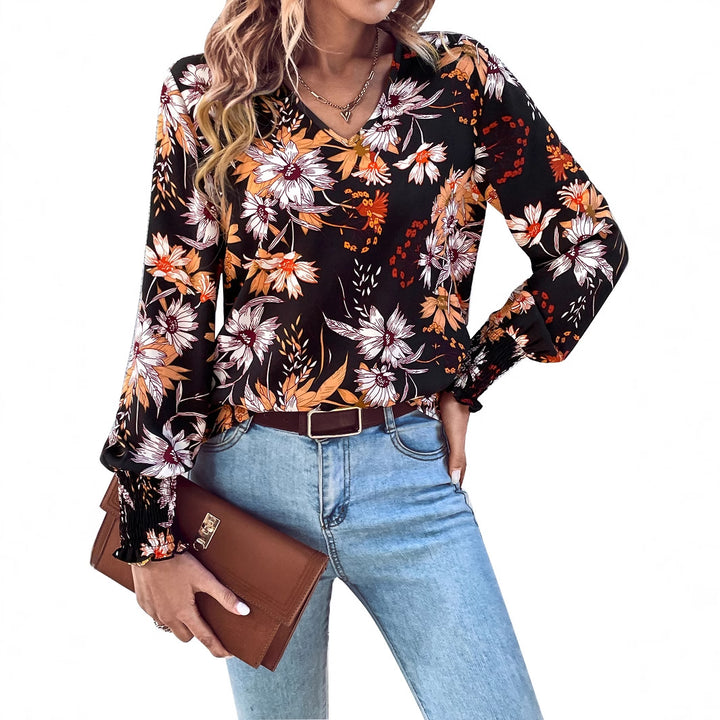 Kvindebluse med blomsterprint og elastiske flæsedetaljer Stilla