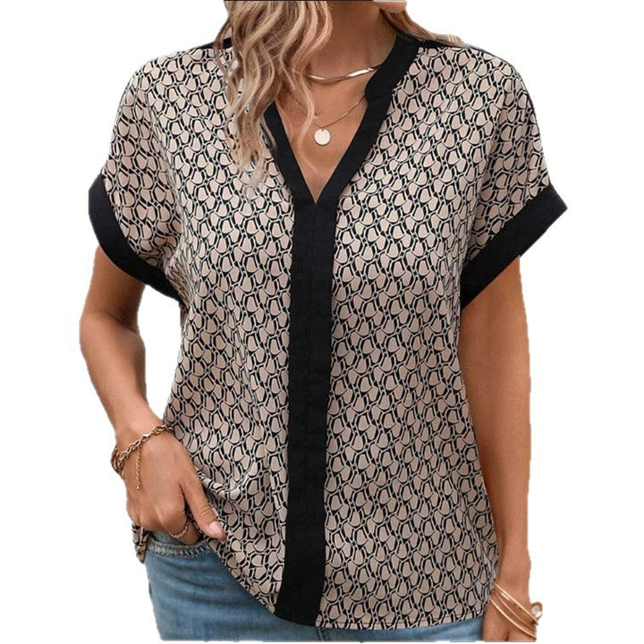Dame nan let boxy bluse i crepe-look med V-udskæring og kontrastpaspel Skovae