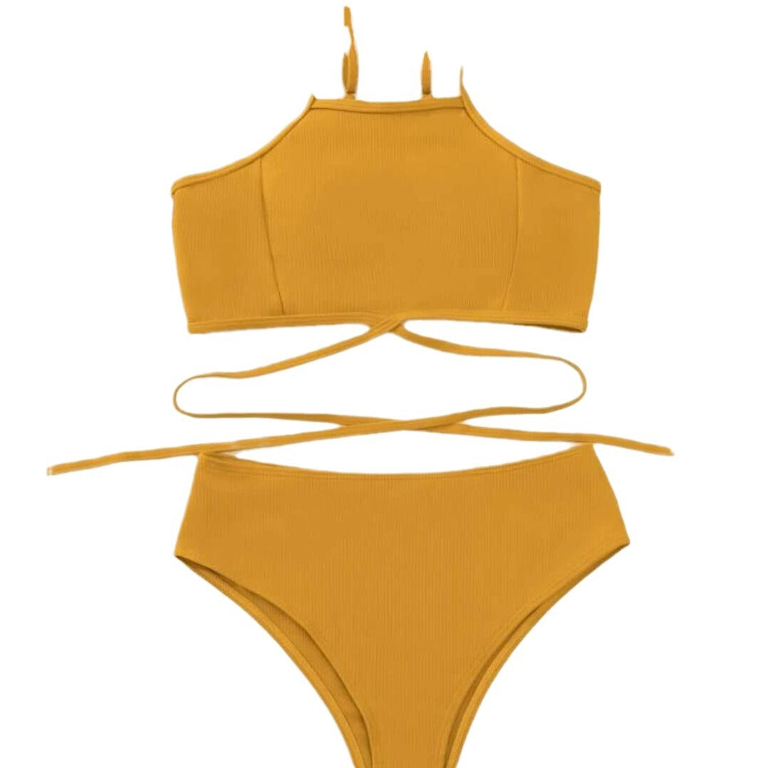Dame ribbet crop top og højt skårne bikiniunderdel sæt Stilla