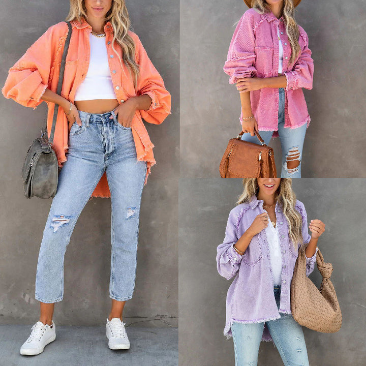 Dame Oversized Denim Skjorte Jakke med Flosset Detalje Stilla