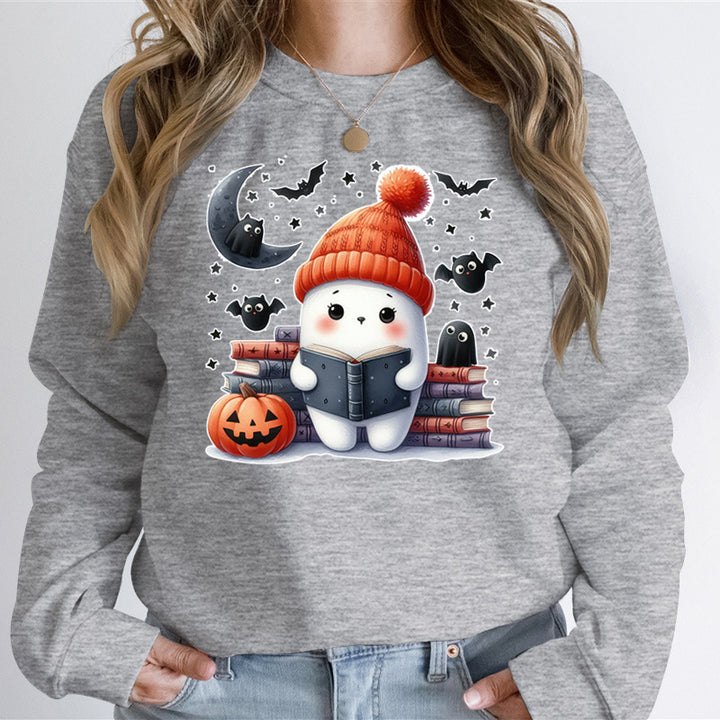 Kvinders sweatshirt med sødt Halloween-motiv og bogdesign Stilla