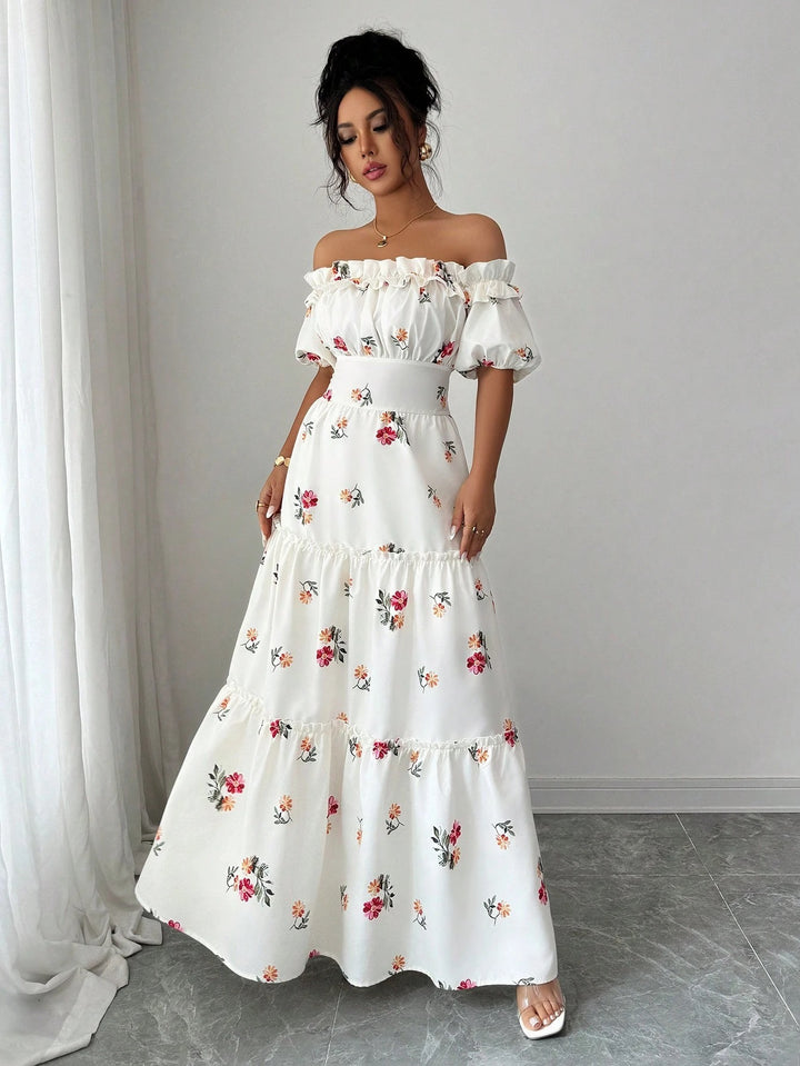 Kvinde Off-Shoulder Maxikjole med florale applikationer og flæser Stilla
