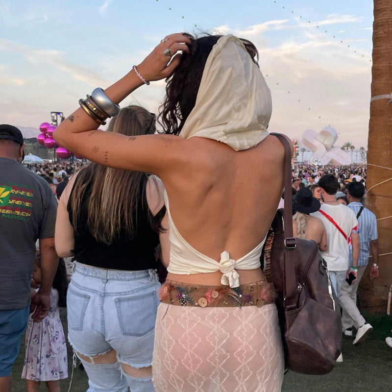 Dame Cropped Top med unikt hoodie-design og raffineret drapering Skovae