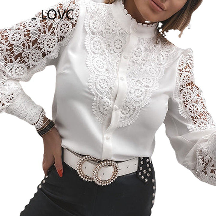 Dame spids bluse med florale ornamenter og lange ærmer Stilla