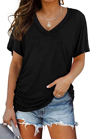 Dame afslappet V-hals T-shirt med rynker Stilla