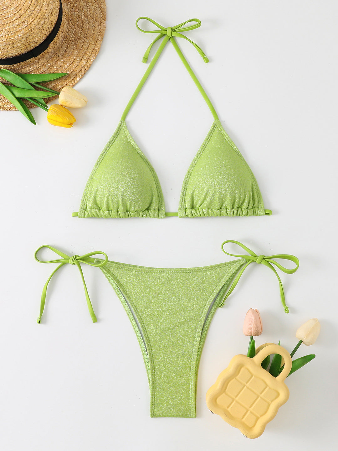 Dame Triangel-Bikini med glitrende rynkedesign Skovae