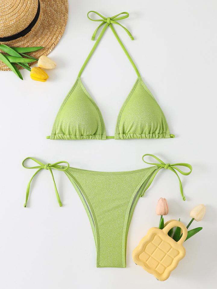 Dame Triangel-Bikini med glitrende rynkedesign Skovae