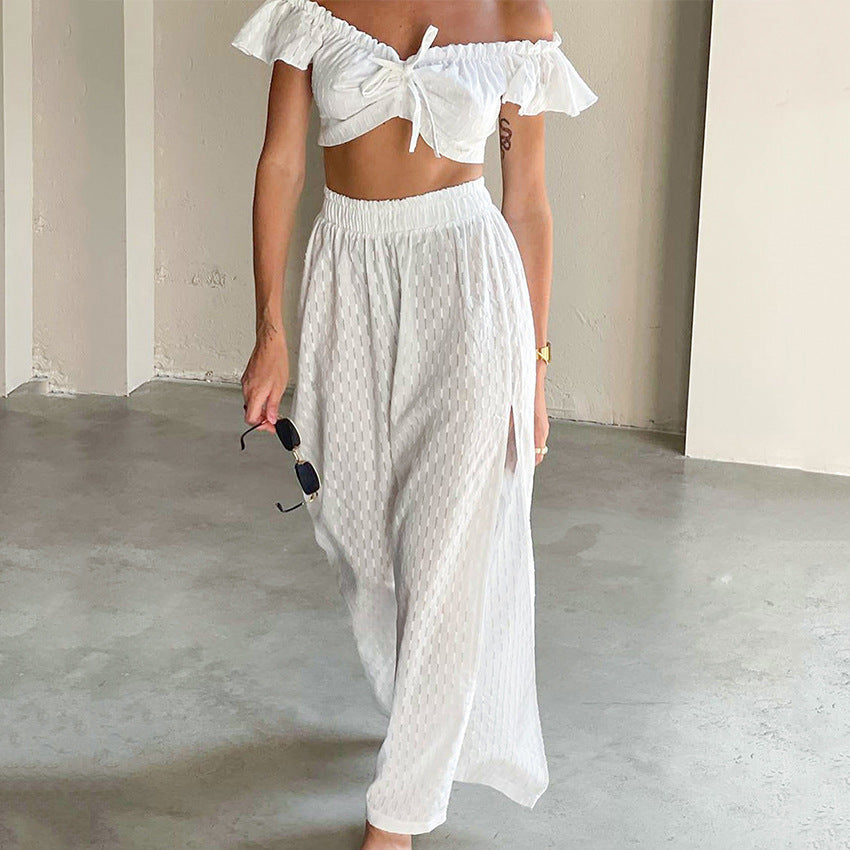 Dame sæt bestående af skulderfri crop-top og højt skåret maxiskørt Stilla