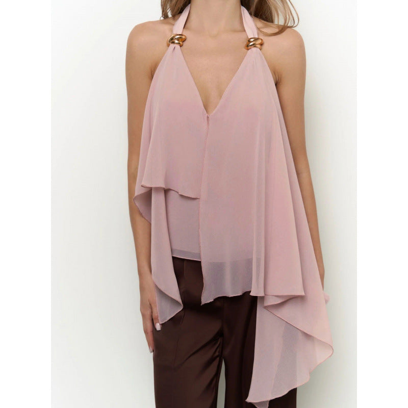 Dame chiffonbluse med asymmetrisk snit og glansdetaljer Skovae