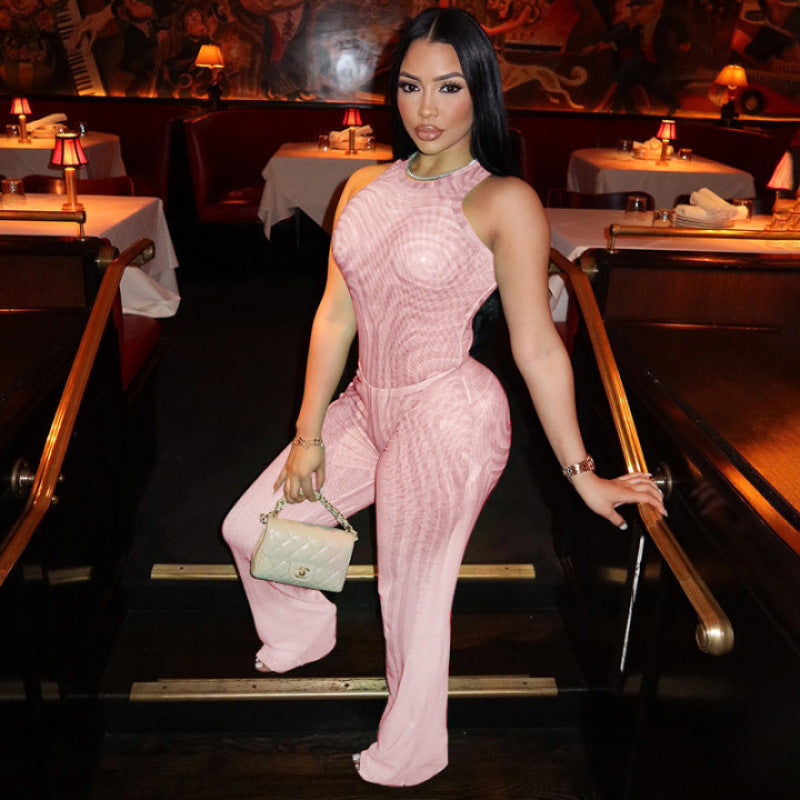 Dame Elegant Mesh Jumpsuit med Racerback og tætsiddende silhuet Skovae