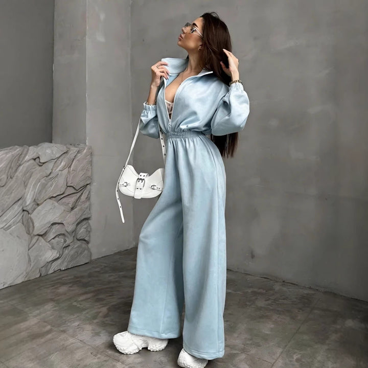 Kvinders fleece jumpsuit med høj krave og elastisk bånd