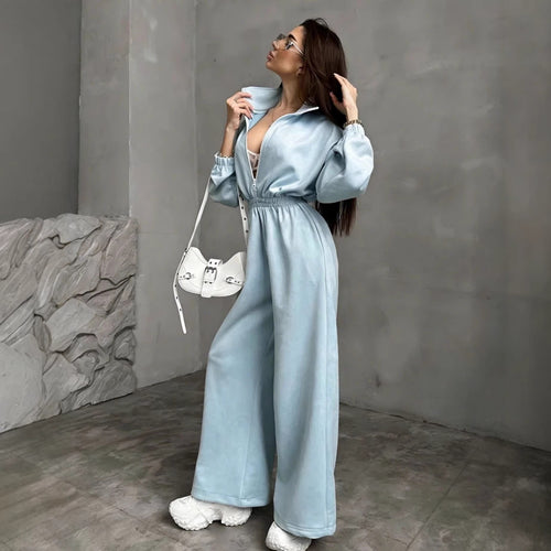 Kvinders fleece jumpsuit med høj krave og elastisk bånd