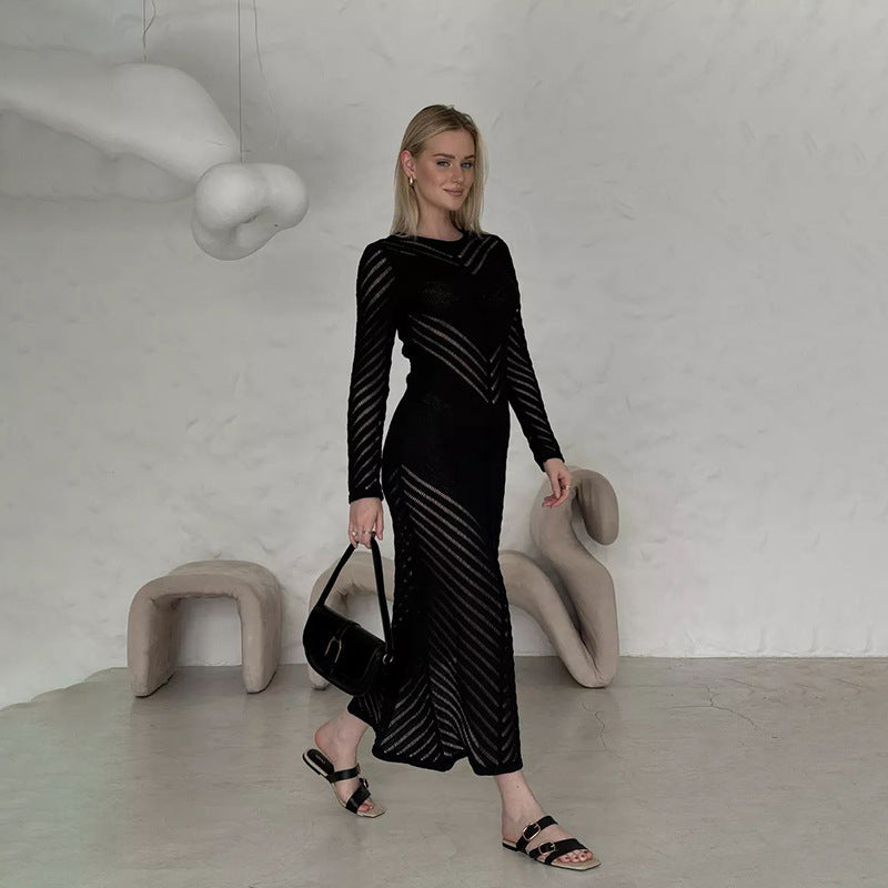 Dame Elegant strik kjole med gennemsigtigt design Stilla