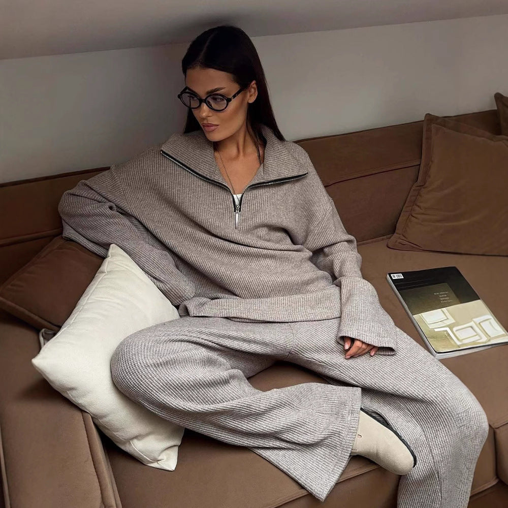 Kvinder Oversized Strikket Overall med Høj Krave og Halv Lynlås Skovae