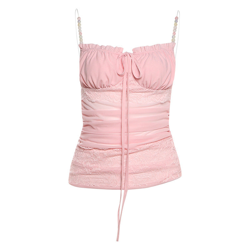 Dame Top med rynket design og sarte spidse detaljer Stilla