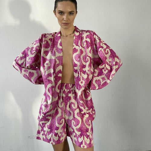 Dame Kimono-Shorts Sæt i luksuriøs Satin med blomsterdesign Stilla