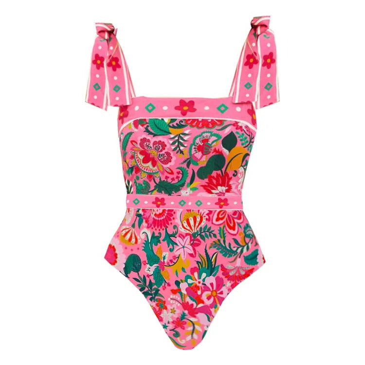 Dame Floral Motif Badedragt med legesygt stropdesign Skovae
