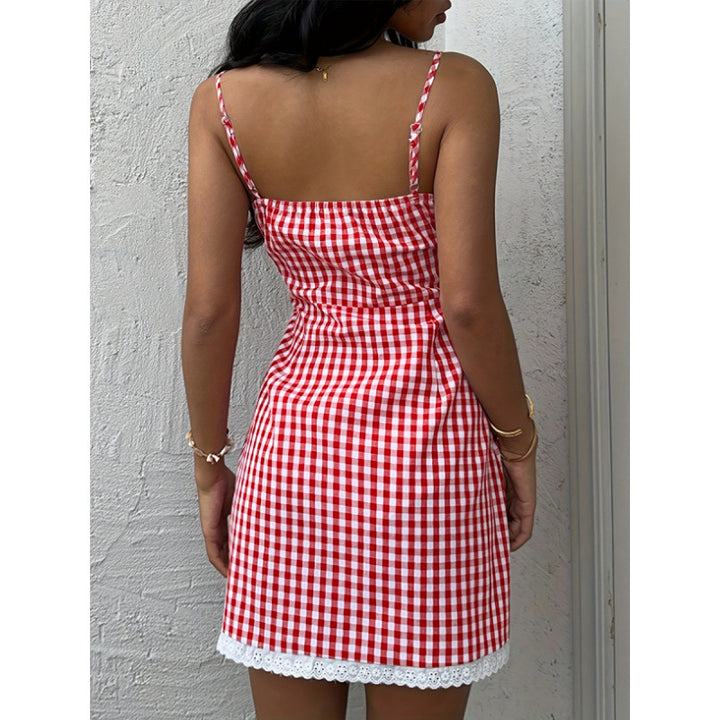 Damen Sommerliches Vichykleid mit Schnürung und Spitzenabschluss Skovae