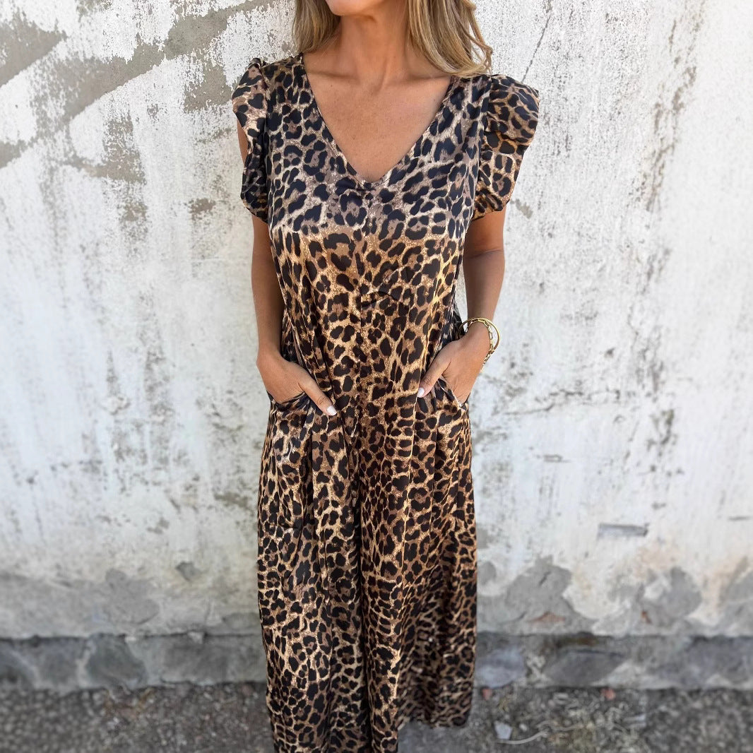 Dame Leopardprint V-Udskæring Maxi Kjole med Lommer Stilla