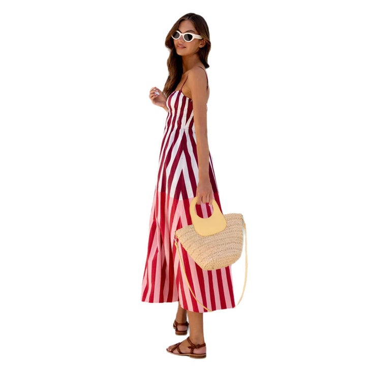 Women's summer maxi dress with narrow straps and sophisticated striped pattern Skovae