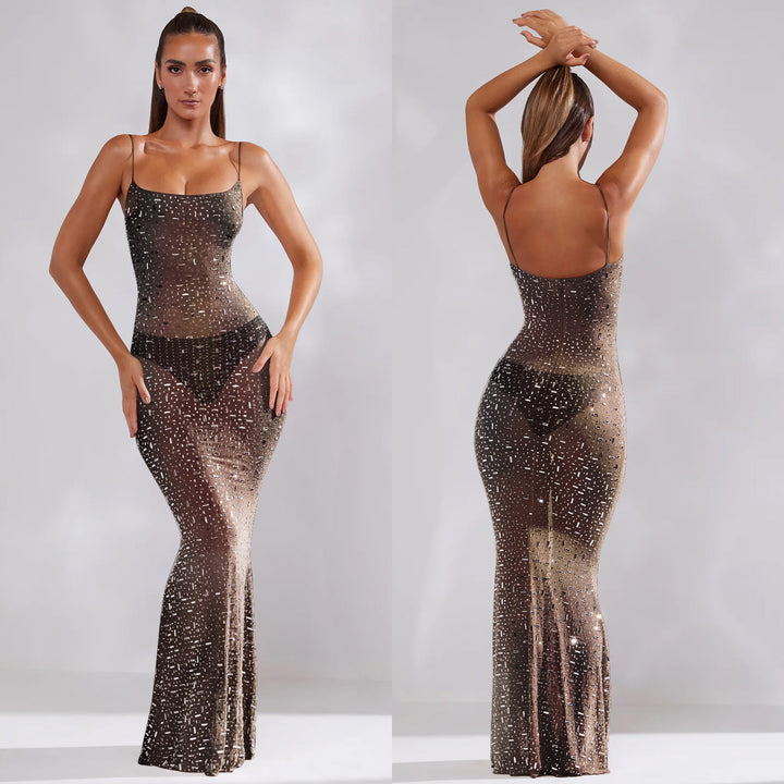 Dame Funklende Maxikjole med transparent mesh og glamourøse palietter Stilla