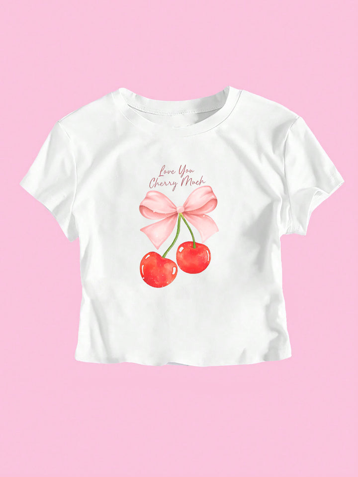 Dame crop-top med glad kirsebærmotiv og sløjfetryk Skovae