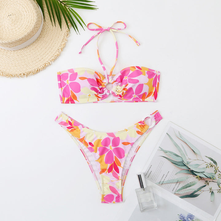 Dame Bandeau Floral Print Bikini-Sæt med Udsnitsdetaljer Stilla