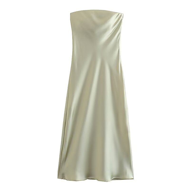 Dame lang aftenkjole i elegant satin-look med stropløs design Skovae