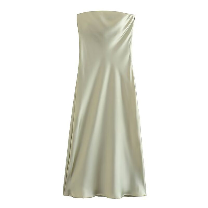 Dame lang aftenkjole i elegant satin-look med stropløs design Skovae