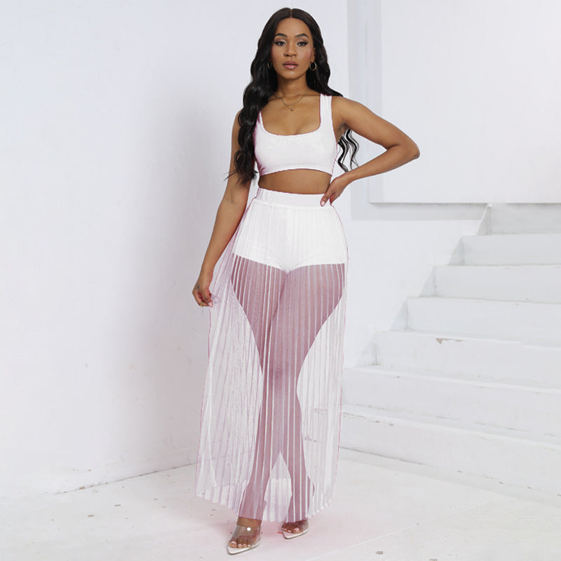 Dame loungewear-sæt med gennemsigtig maxi-nederdel og matchende top Stilla