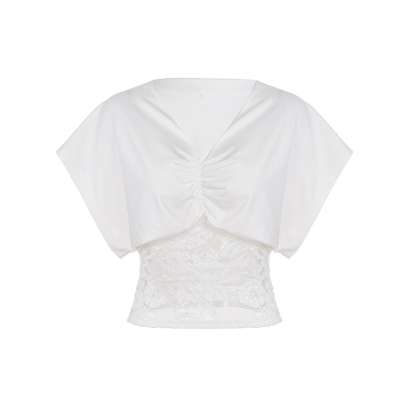 Dame elegant top med blonde og rynkning Skovae